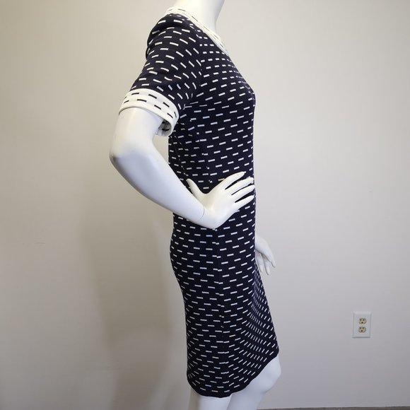 Misook Womens XS Petite Short Sleeve Knit Dress Navy Blue White Dashes & Trim - Picture 5 of 14